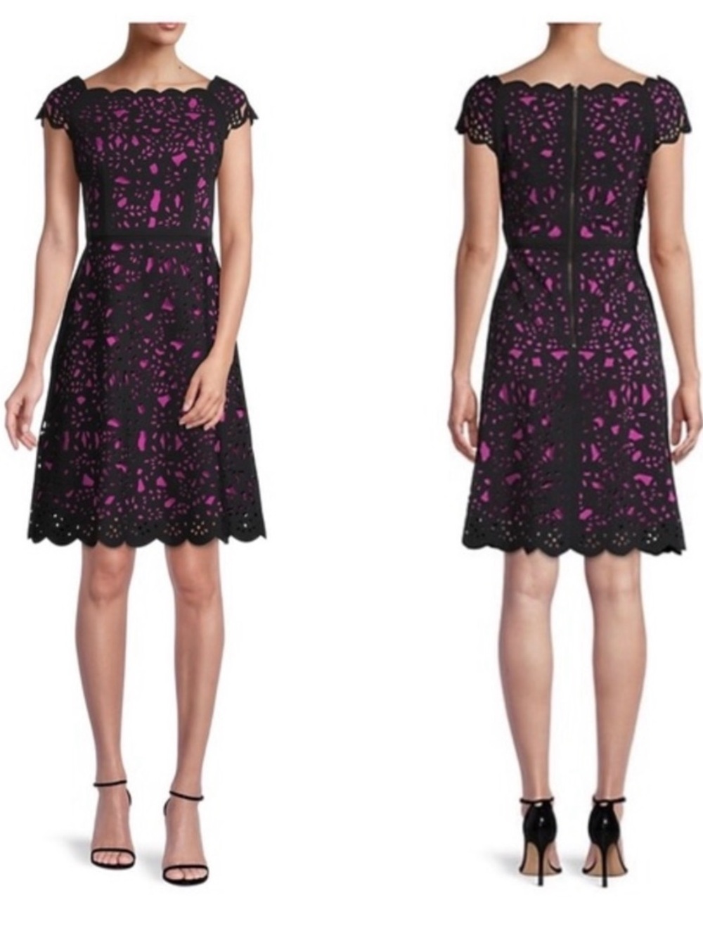 SHANI Laser Cut Floral Off the Shoulder Fit & Flare Cocktail Dress black pink